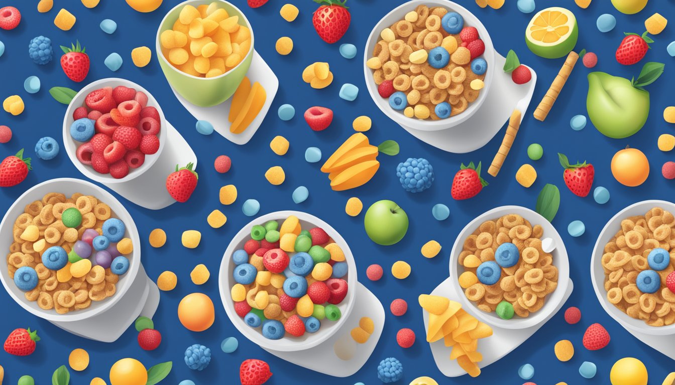 A bowl of Special K and Trix cereals side by side, surrounded by fresh fruits and a glass of milk