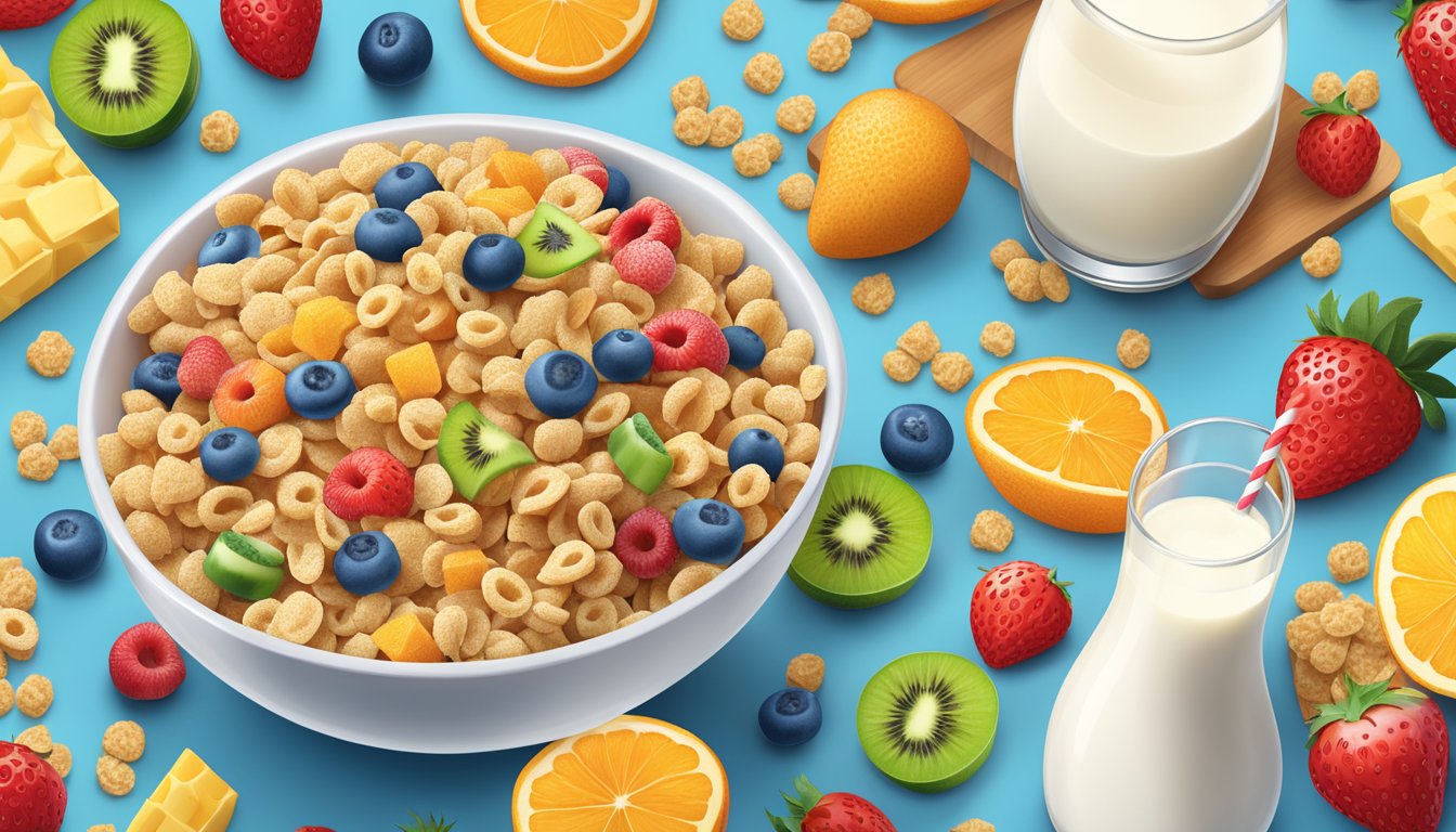 A bowl of Special K and Trix cereal side by side, surrounded by a variety of fresh fruits and a glass of milk