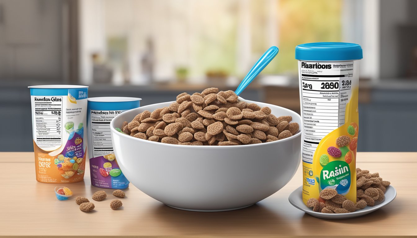 A bowl of raisin bran and a bowl of Trix cereal sit side by side, surrounded by measuring cups and nutrition labels