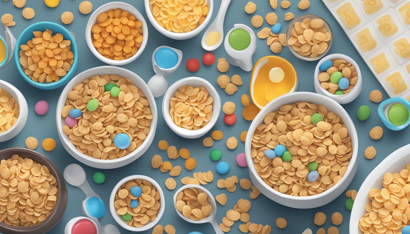 A table with bowls of Special K and Trix cereal, surrounded by measuring cups and nutritional labels