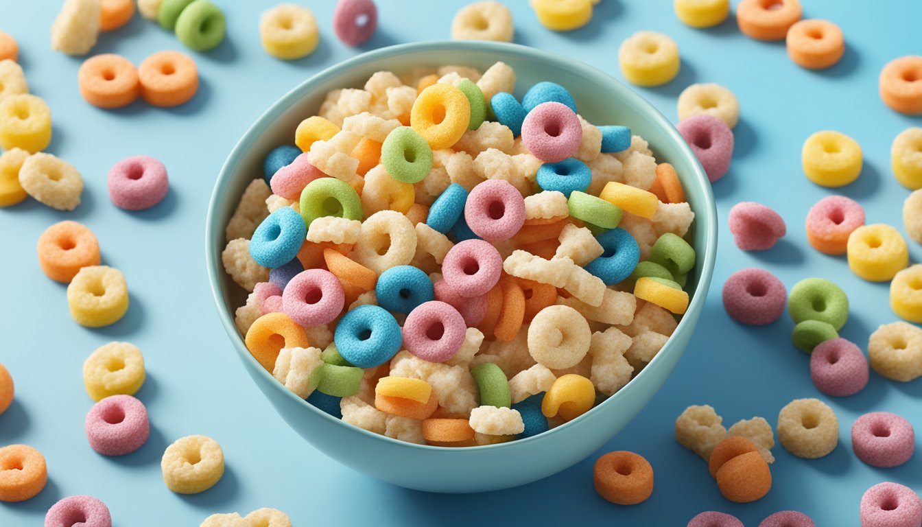 A colorful bowl of Froot Loops and a plain bowl of Rice Krispies next to each other, with a nutritional label displayed next to each cereal