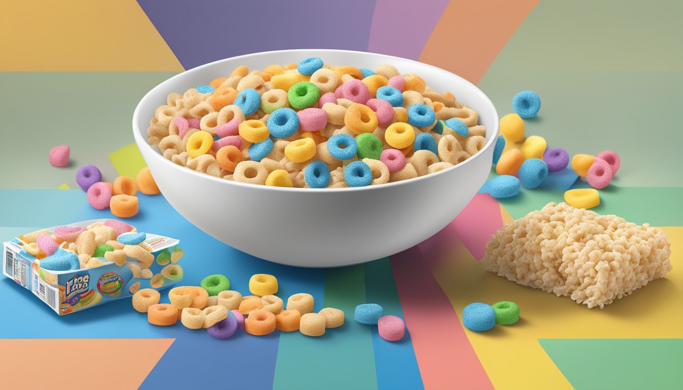 A bowl of Froot Loops and a bowl of Rice Krispies with nutritional labels