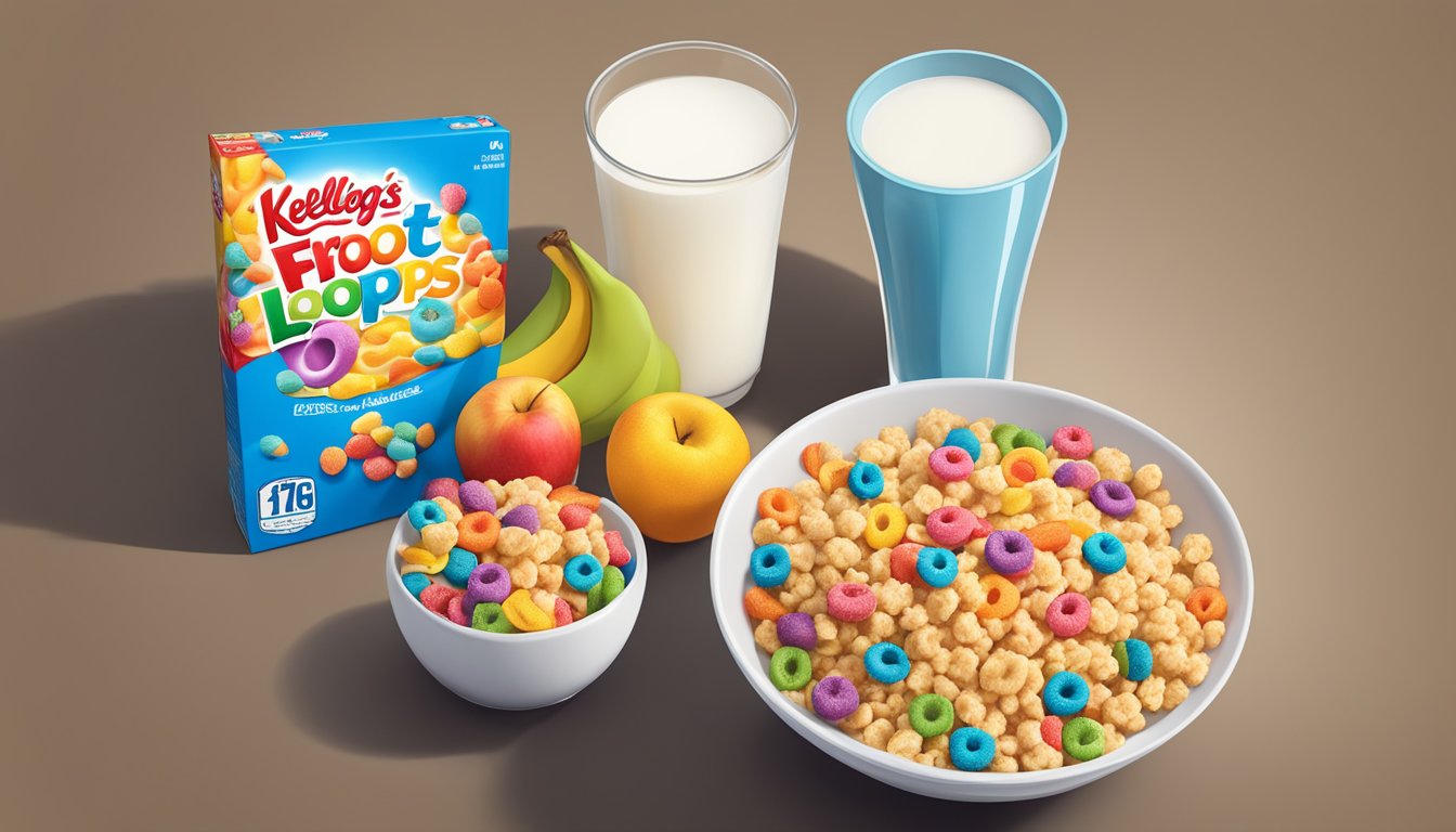 A bowl of Kellogg's Froot Loops and a bowl of Rice Krispies side by side, surrounded by various fruits and milk