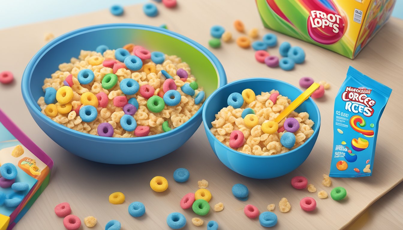 A bowl of Kellogg's Froot Loops and Rice Krispies with a measuring tape and nutritional labels