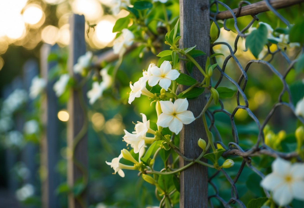 A fragrant star jasmine vine twines around a weathered wooden trellis, its delicate white flowers glowing in the soft evening light