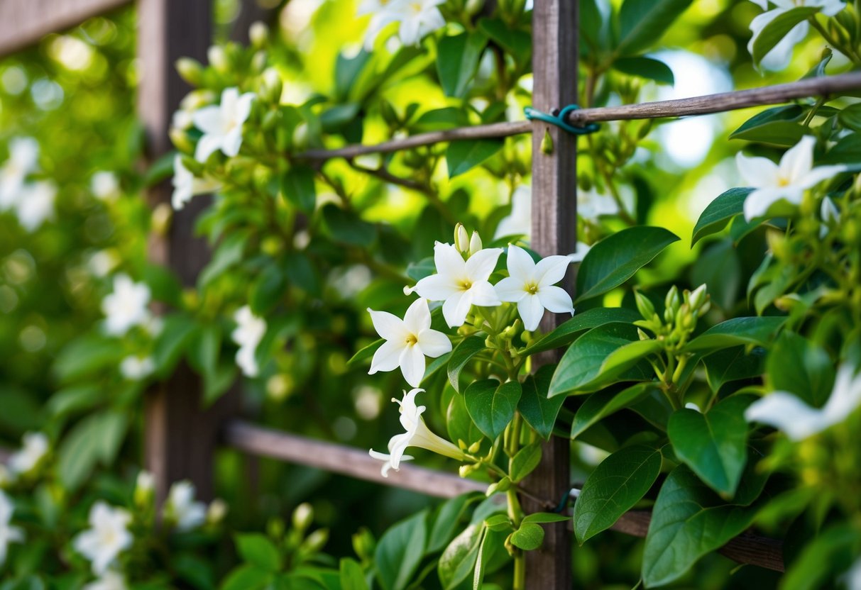 Vibrant star jasmine vines climbing up a trellis, surrounded by lush green leaves and delicate white flowers