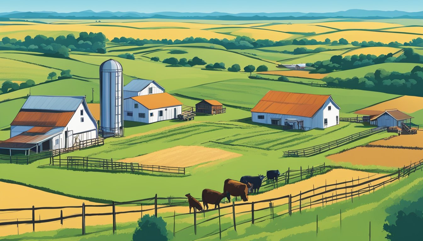 A rural landscape with fields, livestock, and farm buildings under a bright blue sky, representing the Zavala County Agricultural Appraisal Process in Texas