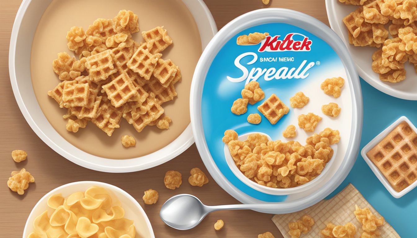 A bowl of Special K cereal next to a bowl of Waffle Crisp cereal, with a spoon and milk nearby. The two cereals are compared for taste and texture