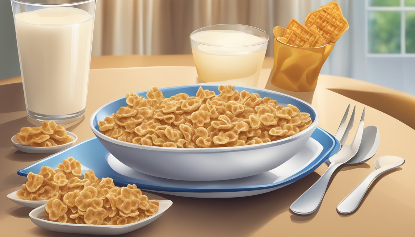 A table set with a bowl of Special K cereal, a glass of milk, and a plate of Waffle Crisp cereal with a fork