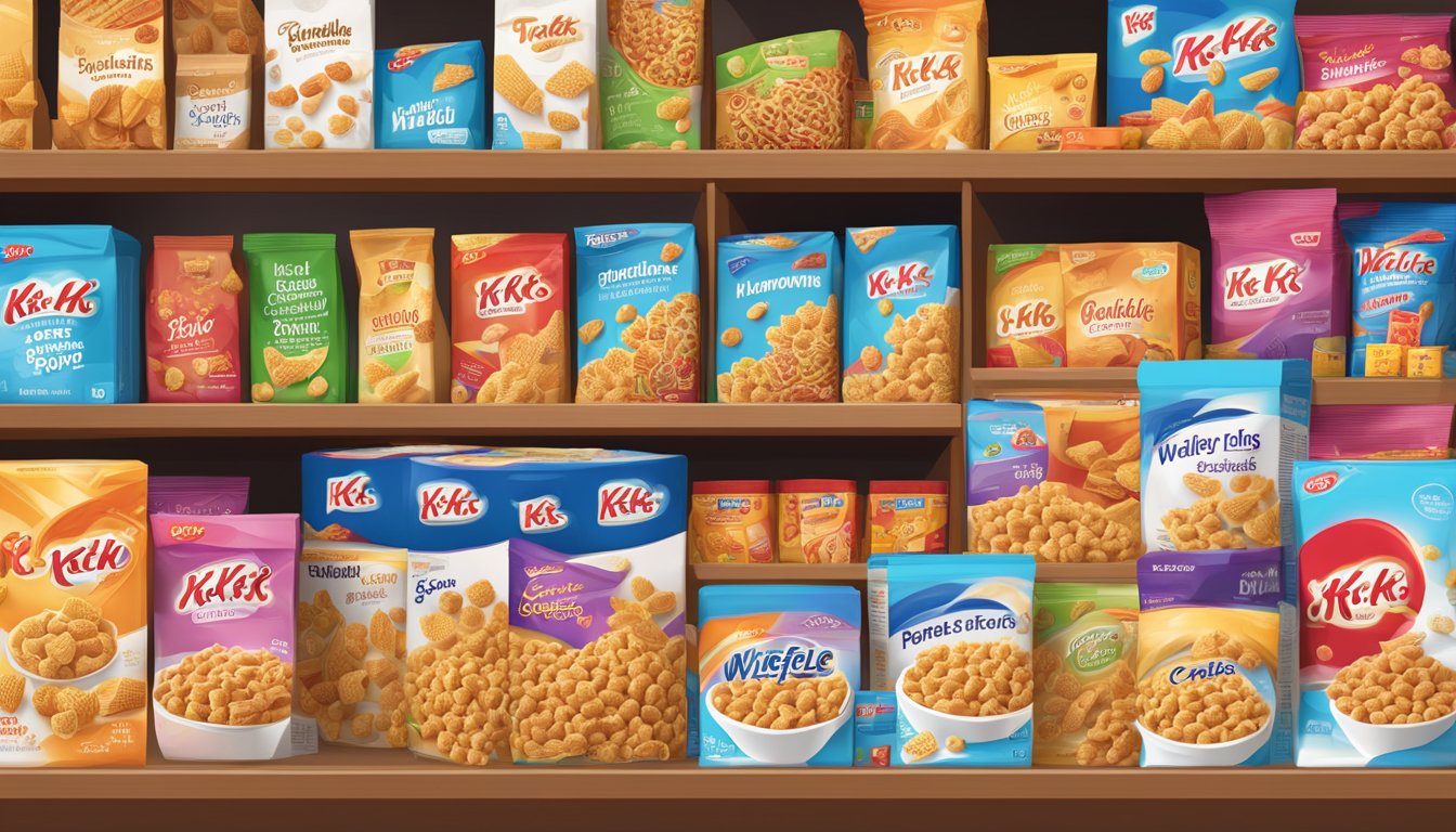 A table with boxes of Special K and Waffle Crisp cereal, surrounded by shelves stocked with various food items. Nutritional information displayed next to each box