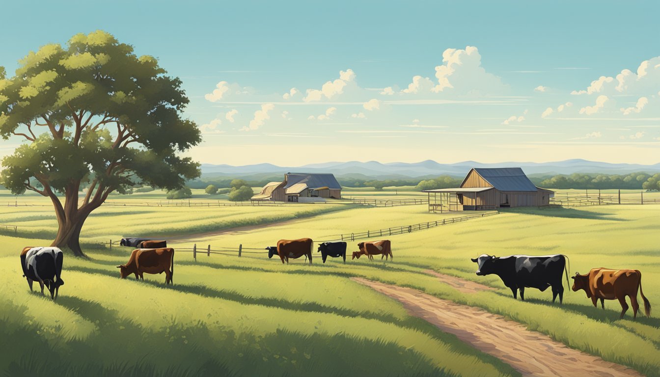 Rolling fields of farmland in Zavala County, Texas, with cattle grazing and a farmhouse in the distance, under a clear blue sky