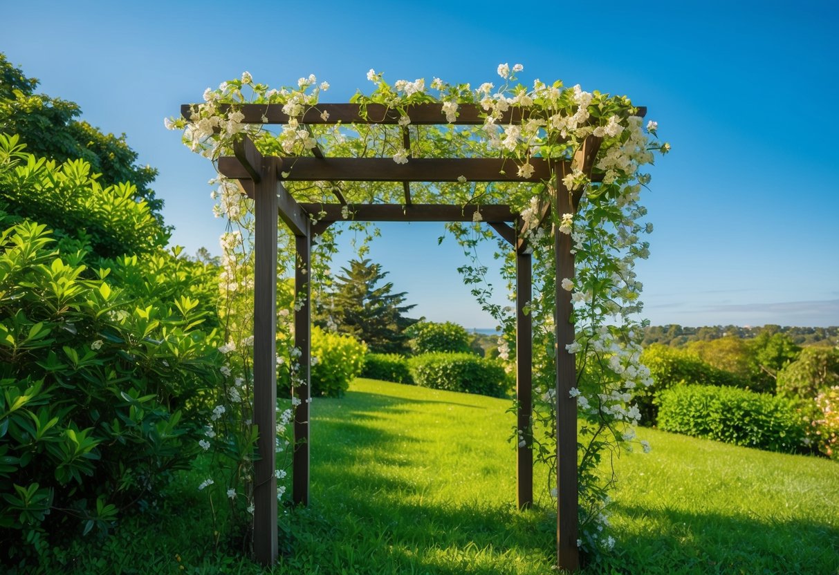 A serene landscape with star jasmine vines cascading over a wooden trellis, surrounded by lush greenery and a clear blue sky