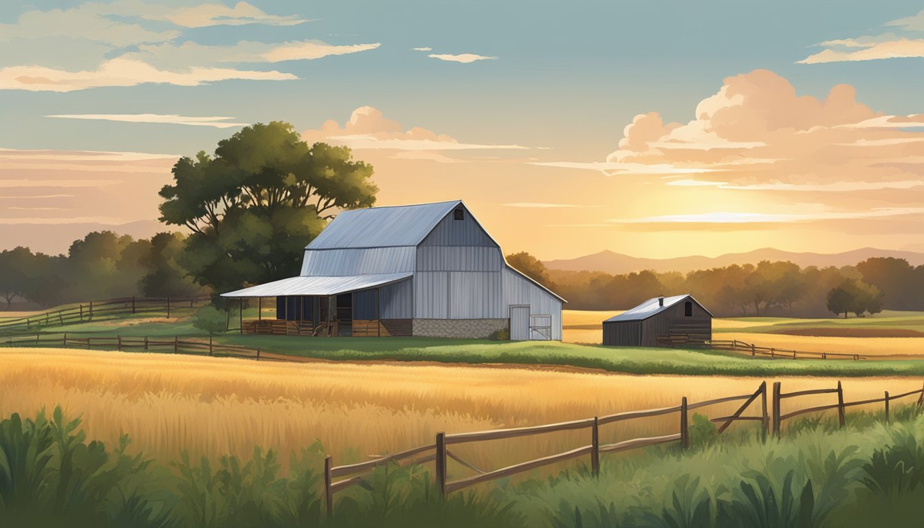 A rural landscape with a farmhouse, barn, and fields, with a prominent sign displaying "Zavala County Texas Ag Exemption Registration and Certification."