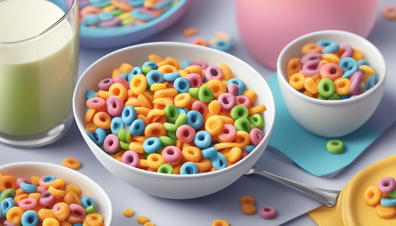 A bowl of Kellogg's Froot Loops and Waffle Crisp cereal next to each other, with a glass of milk and a spoon on the side