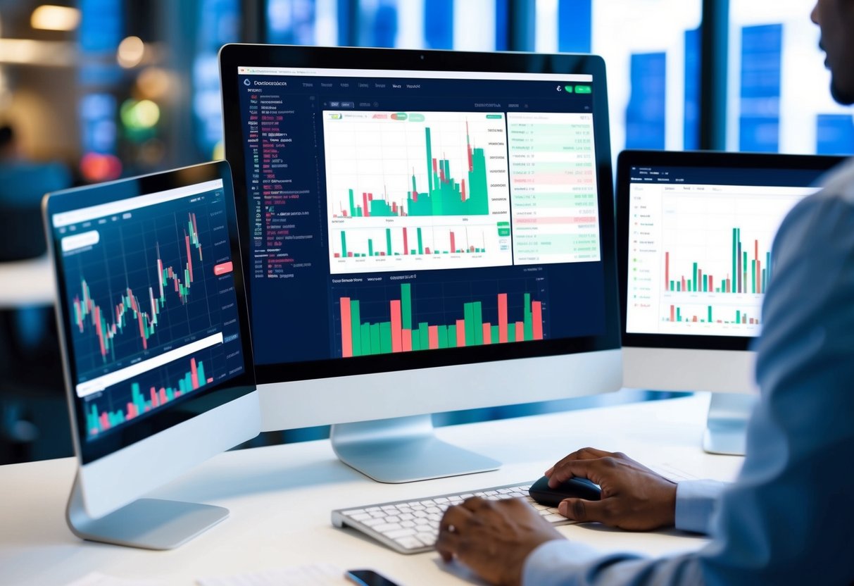 A computer screen with multiple cryptocurrency exchange platforms open, alongside charts and graphs. A person's hand reaches for a mouse to make trades