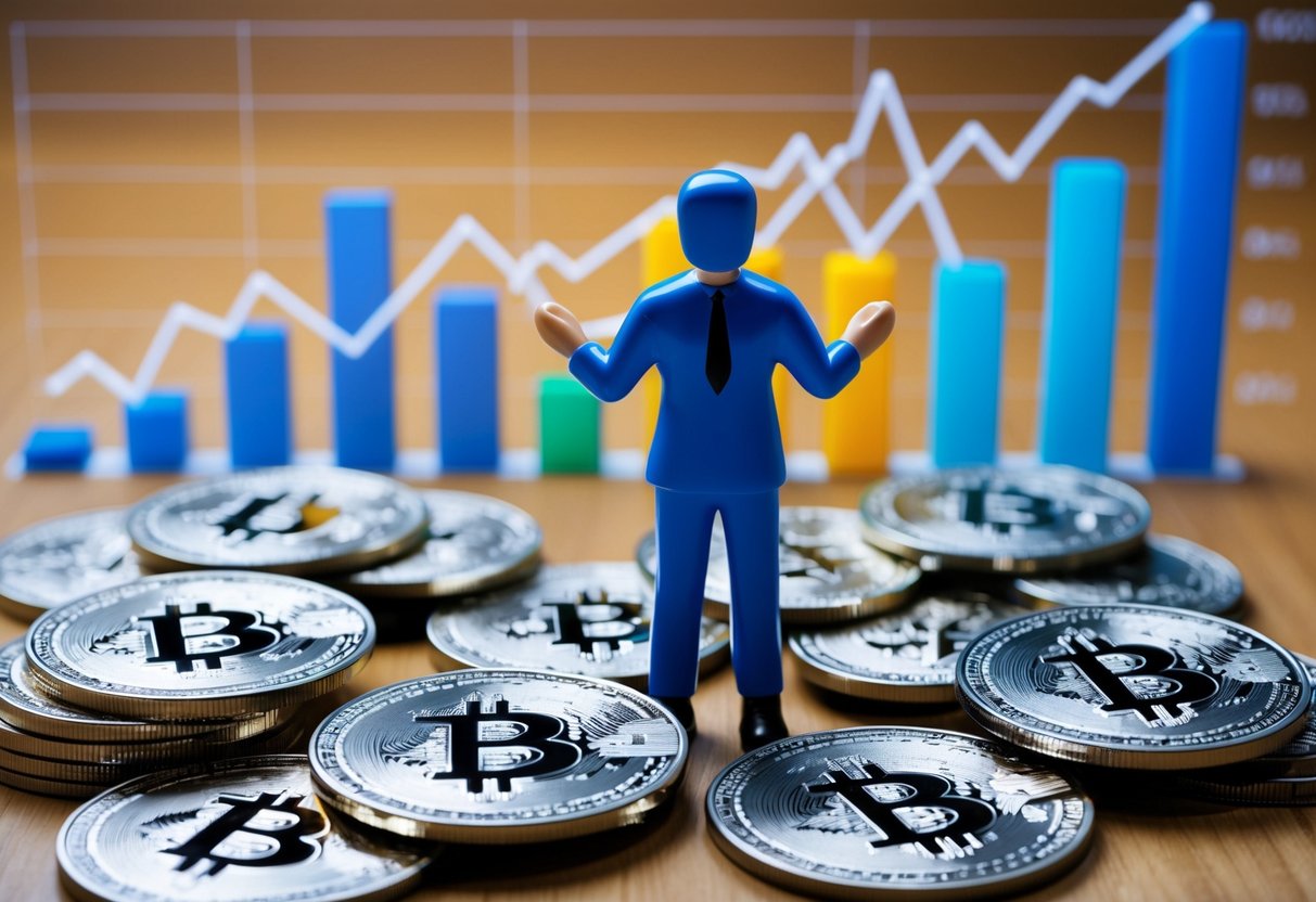 A figure surrounded by cryptocurrency graphs and charts, analyzing risk and profitability for crypto arbitrage