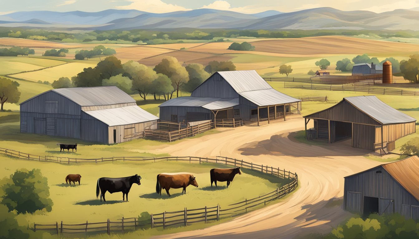 A rural landscape in Zavala County, Texas, with a farm or ranch showcasing agricultural activities and structures, such as fields, barns, and livestock