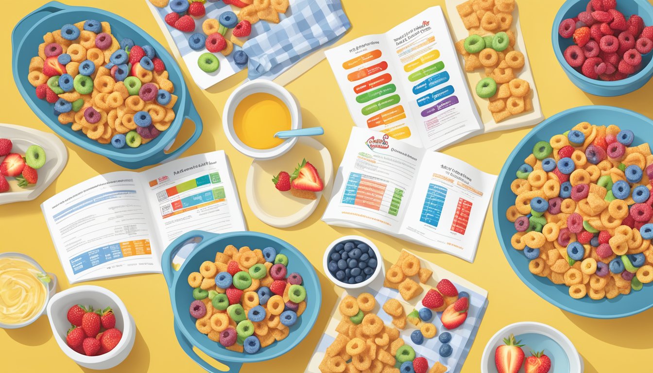 A table with bowls of Kellogg's Froot Loops and Waffle Crisp, surrounded by various fruits and nutritional information labels