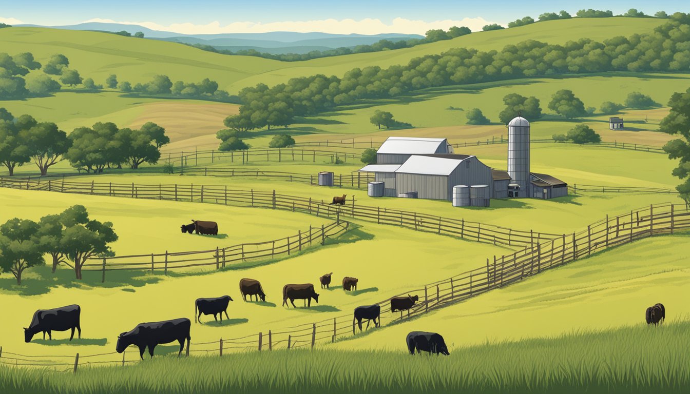 Rolling hills of farmland in Zavala County, Texas, with grazing livestock and agricultural equipment. A sign displaying "Ag Exemption" stands at the entrance to the property