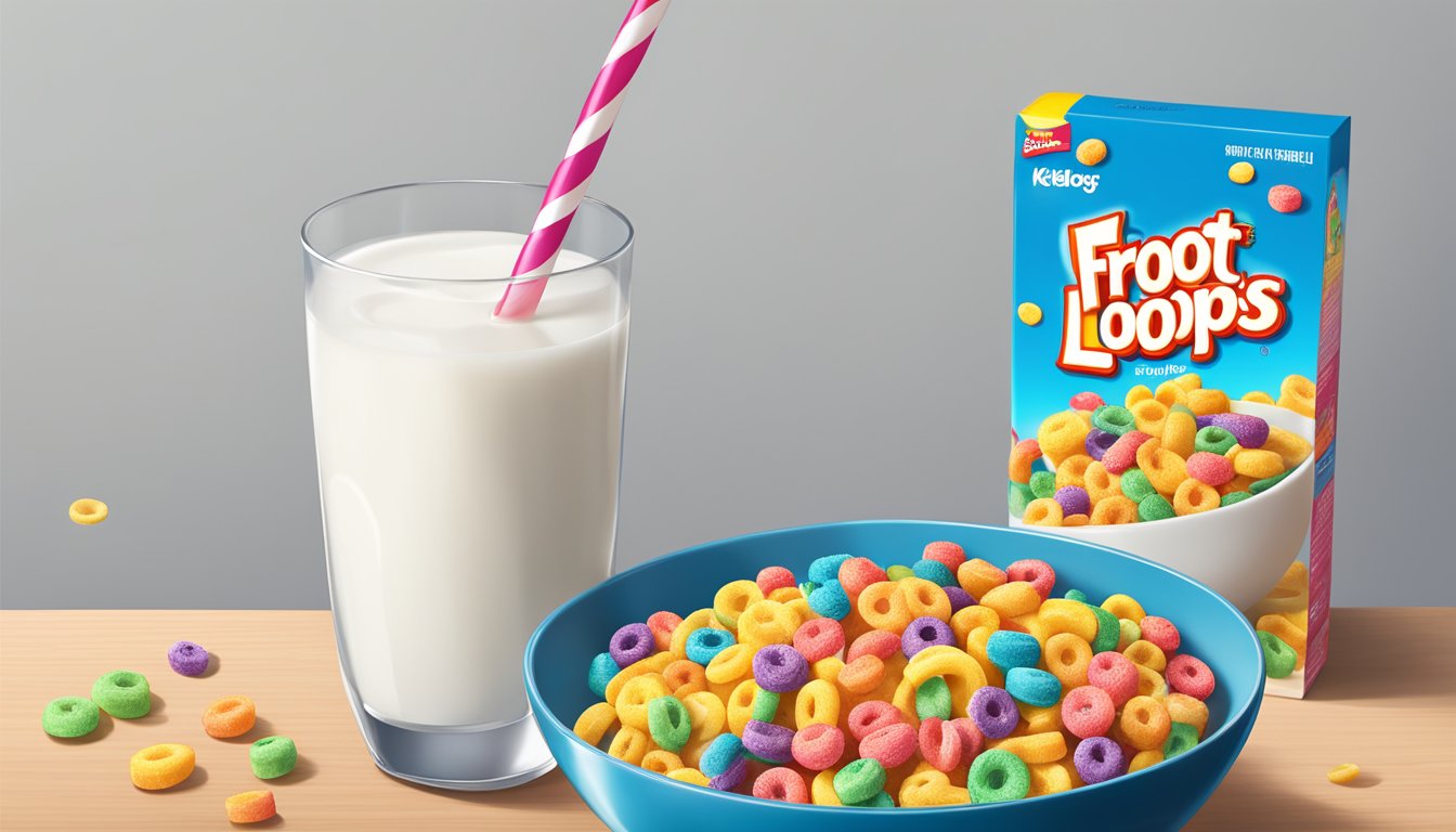 A bowl of Kellogg's Froot Loops and Waffle Crisp cereal next to a glass of milk and a banana on a table