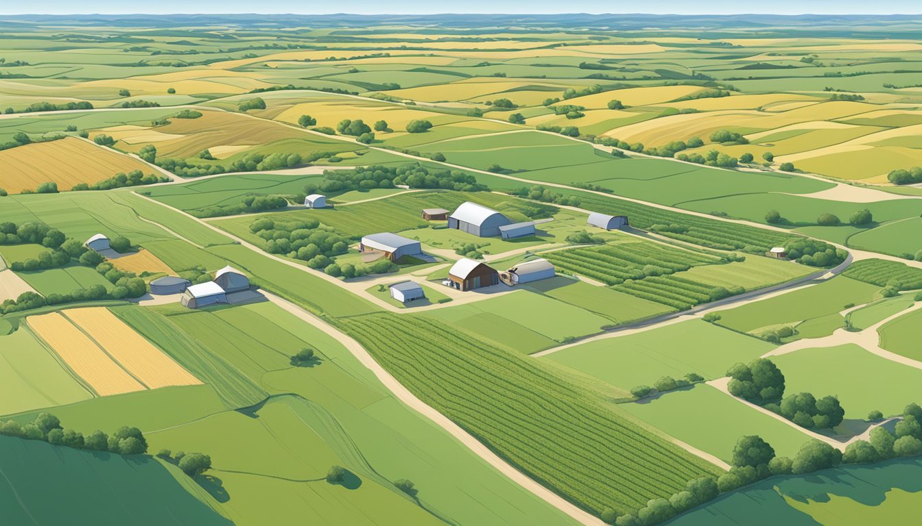 A sprawling farm in Ward County, Texas, with vast fields of crops and grazing livestock, surrounded by rolling hills and a clear blue sky