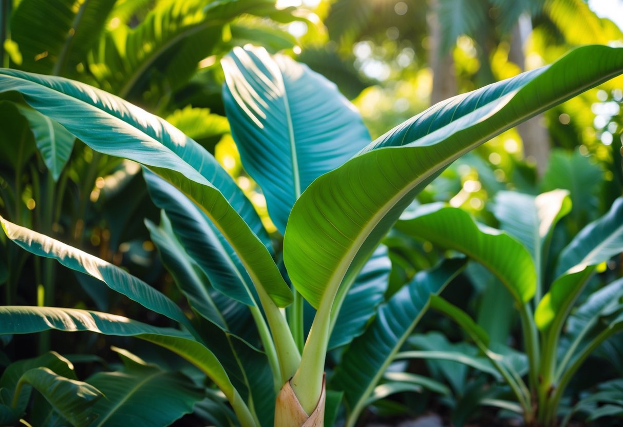 An elephant ear plant sits in a lush, tropical garden, its large, glossy leaves reaching towards the sunlight