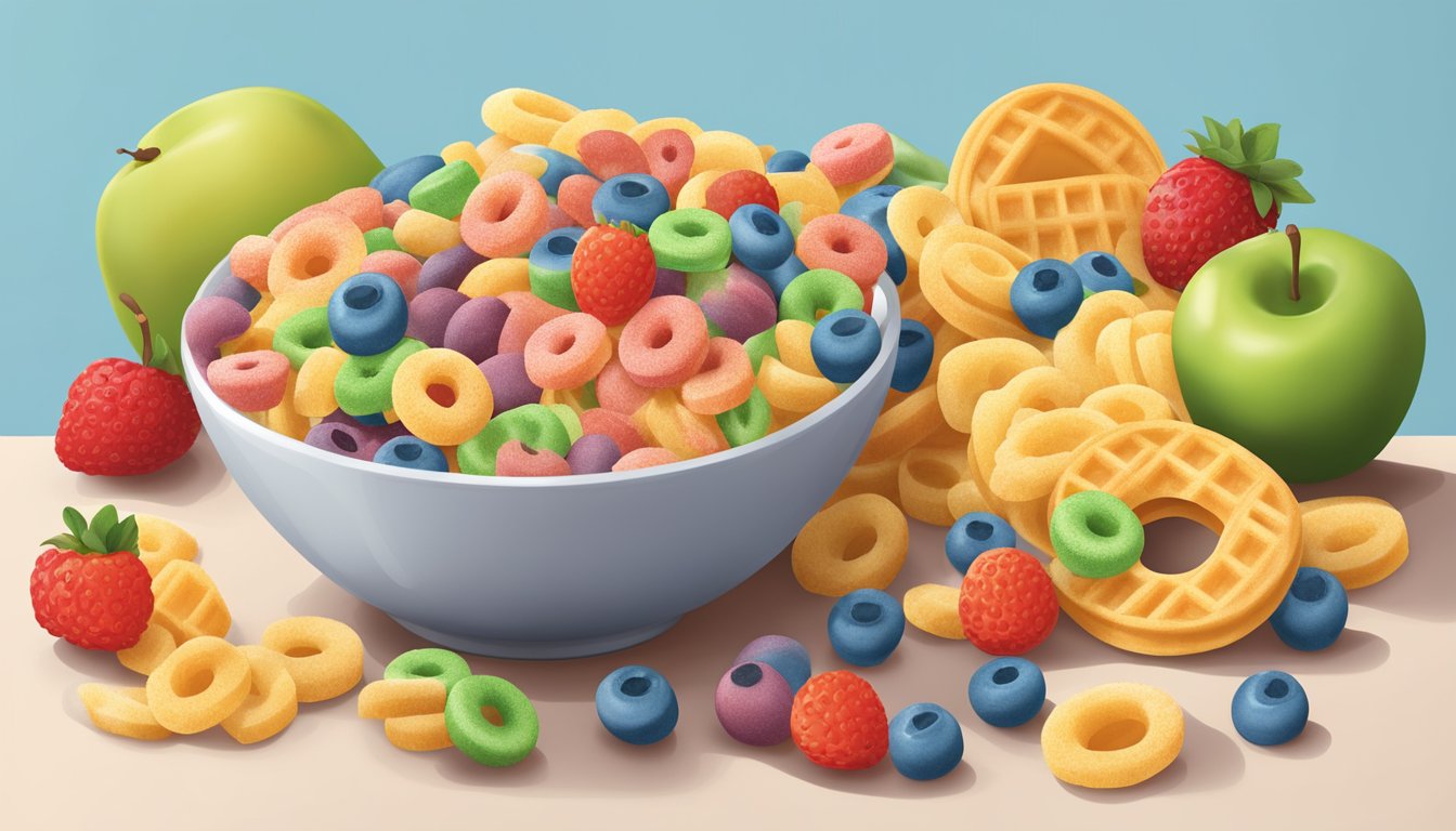 A bowl of Froot Loops and Waffle Crisp surrounded by various fruits and a nutrition label