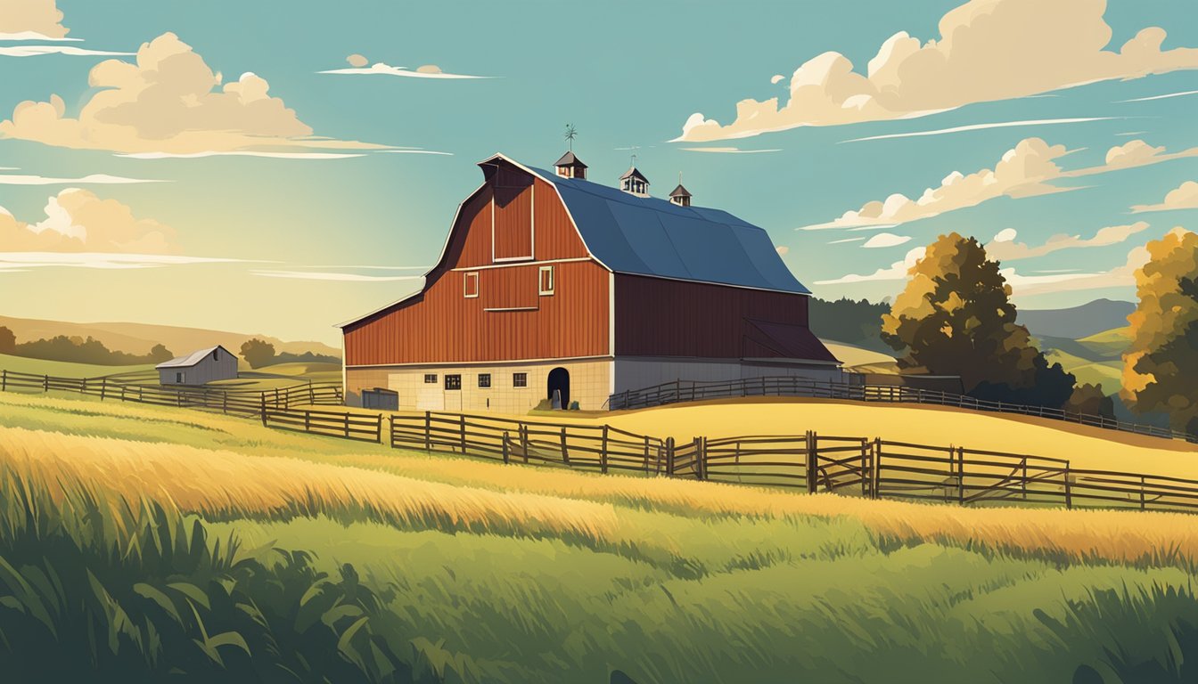 A rural landscape with a barn, cattle, and farmland under a clear blue sky