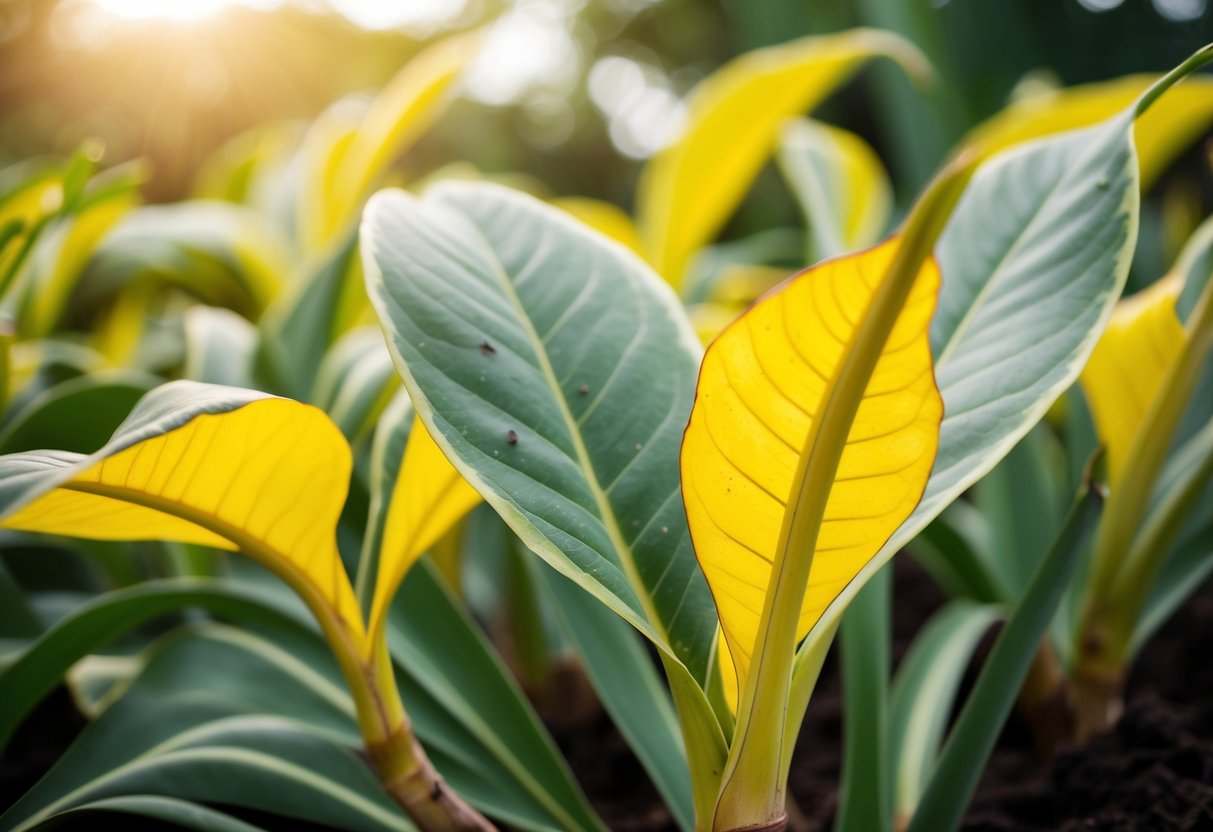 Elephant ear plant with yellowing leaves and wilting stems