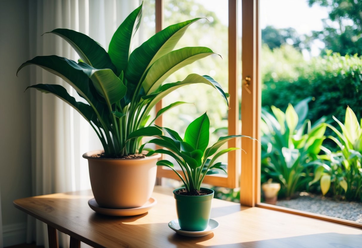 A large elephant ear plant thrives in a sunlit indoor space, while a smaller one grows in a lush outdoor garden