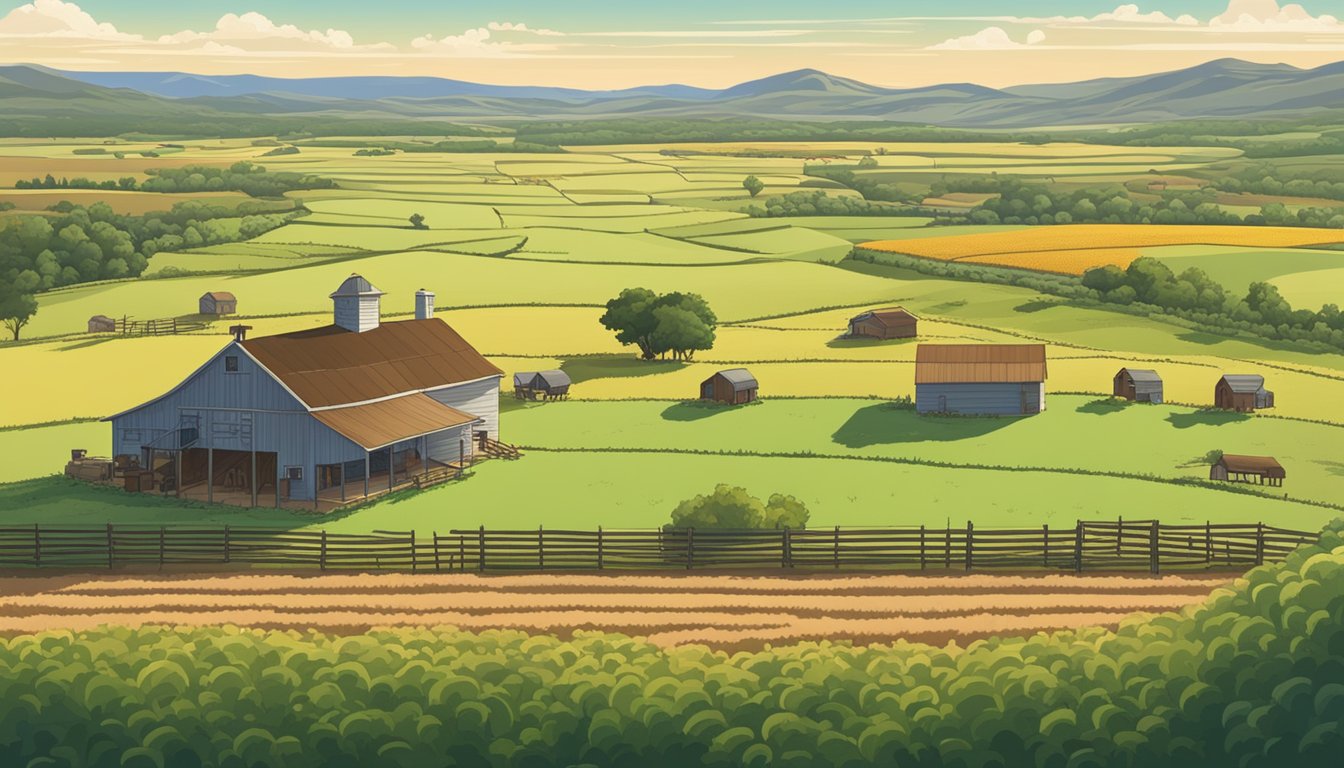 A vast Texas landscape with fields of crops and grazing livestock, surrounded by fences and a farmhouse, symbolizing the financial advantages and responsibilities of the county's agricultural exemption