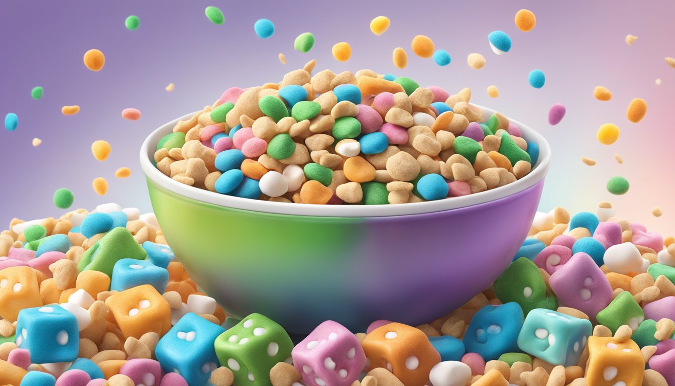 A bowl of Lucky Charms and Trix cereal sit side by side, surrounded by colorful milk splashes and scattered marshmallows