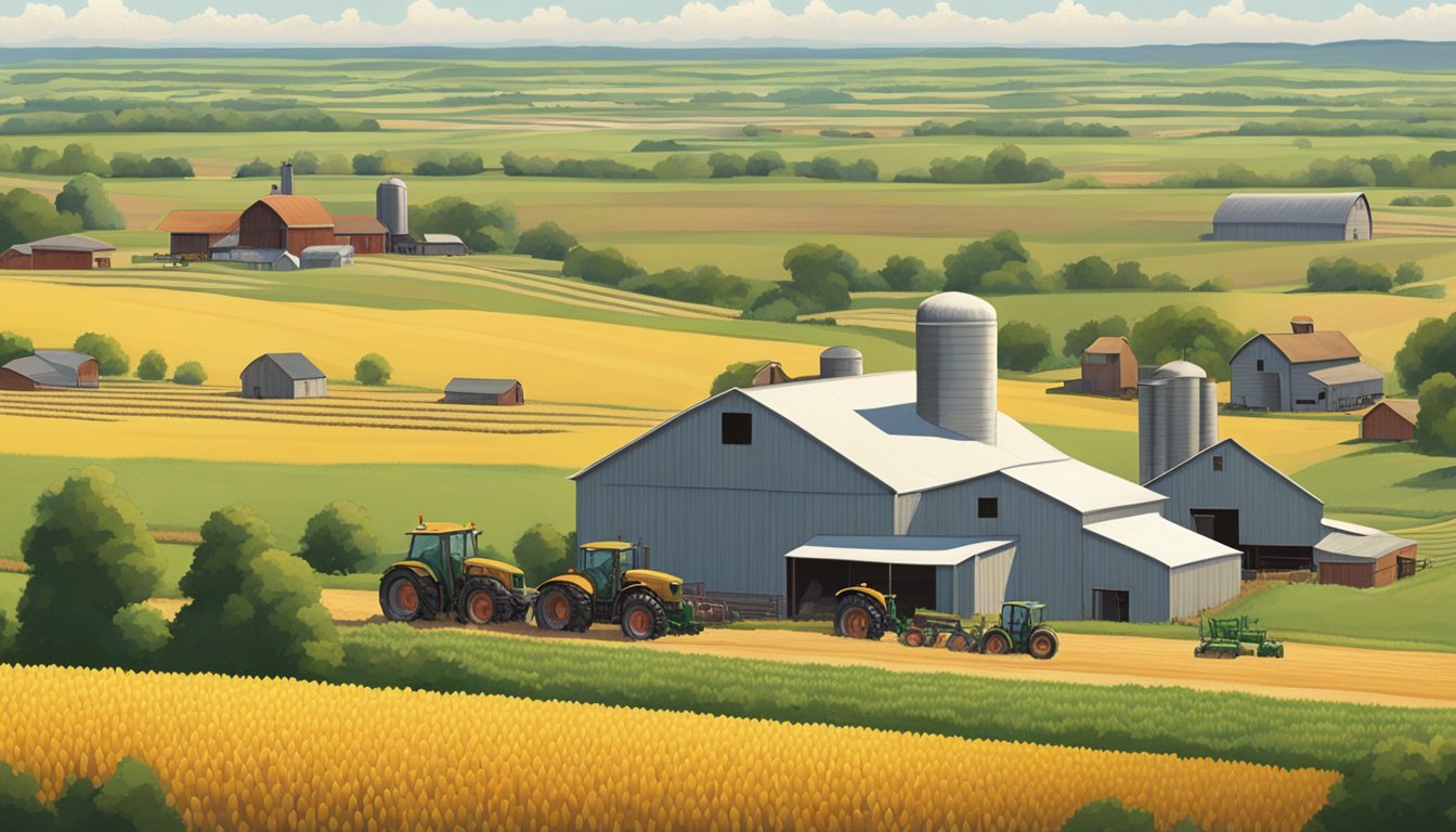 Rolling fields of corn and cotton stretch across the Texas landscape, with farmhouses and barns dotting the horizon. Tractors and irrigation equipment are scattered throughout the fields