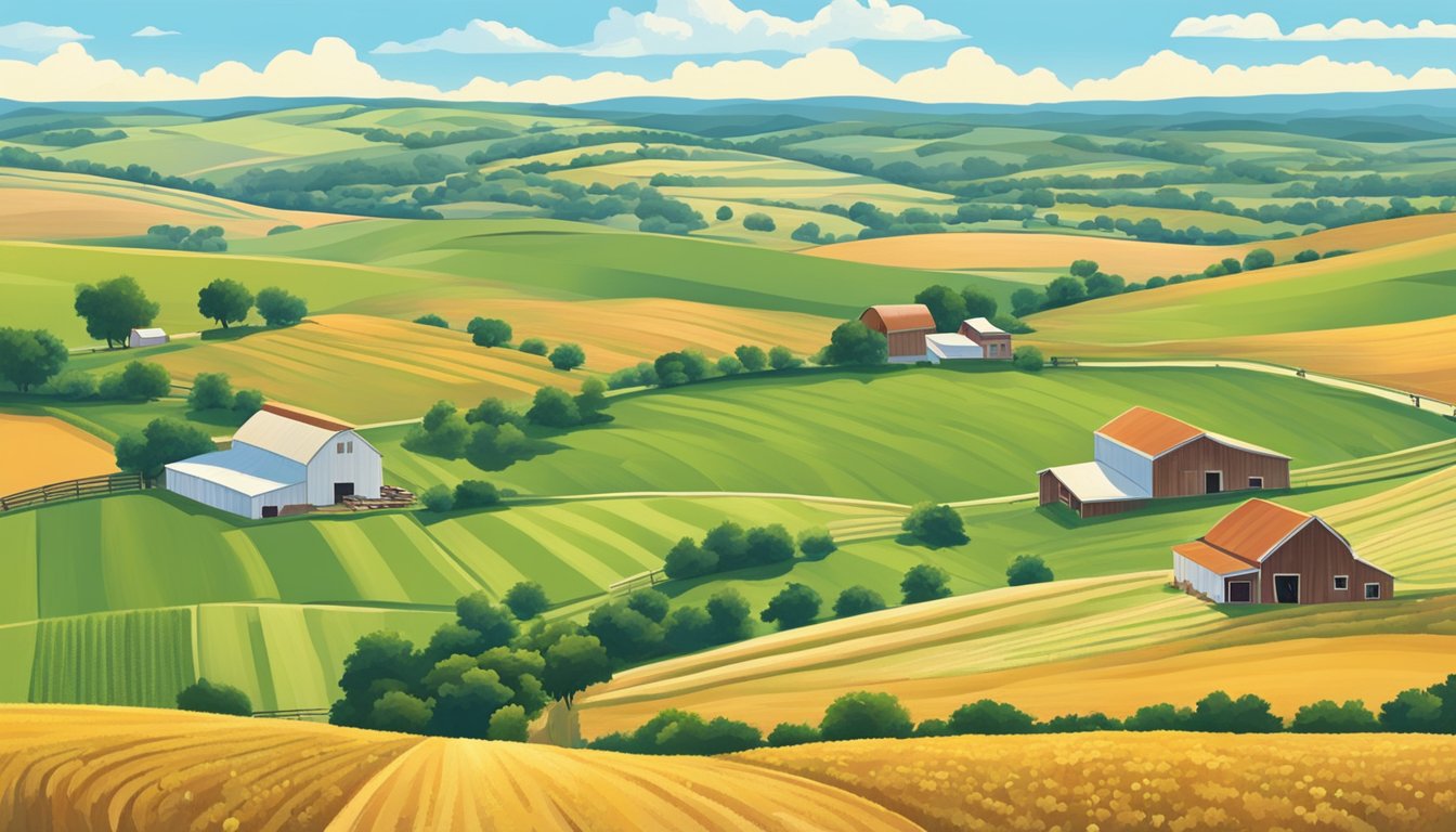 A vast Texas landscape with rolling hills and fields of agricultural crops, bordered by a clear blue sky and a few scattered farm buildings