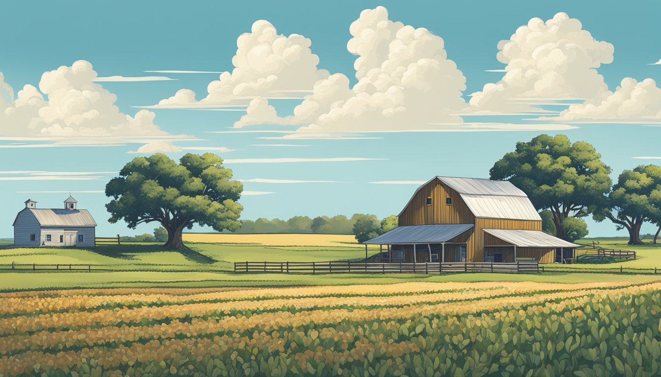 A rural landscape with a farmhouse, barn, and fields of crops, under a clear blue sky in Wharton County, Texas