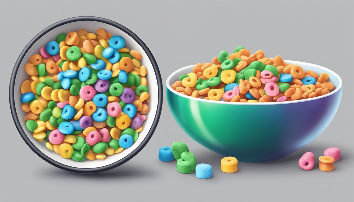 A bowl of Lucky Charms and a bowl of Trix side by side, with a magnifying glass and nutrition labels nearby for comparison