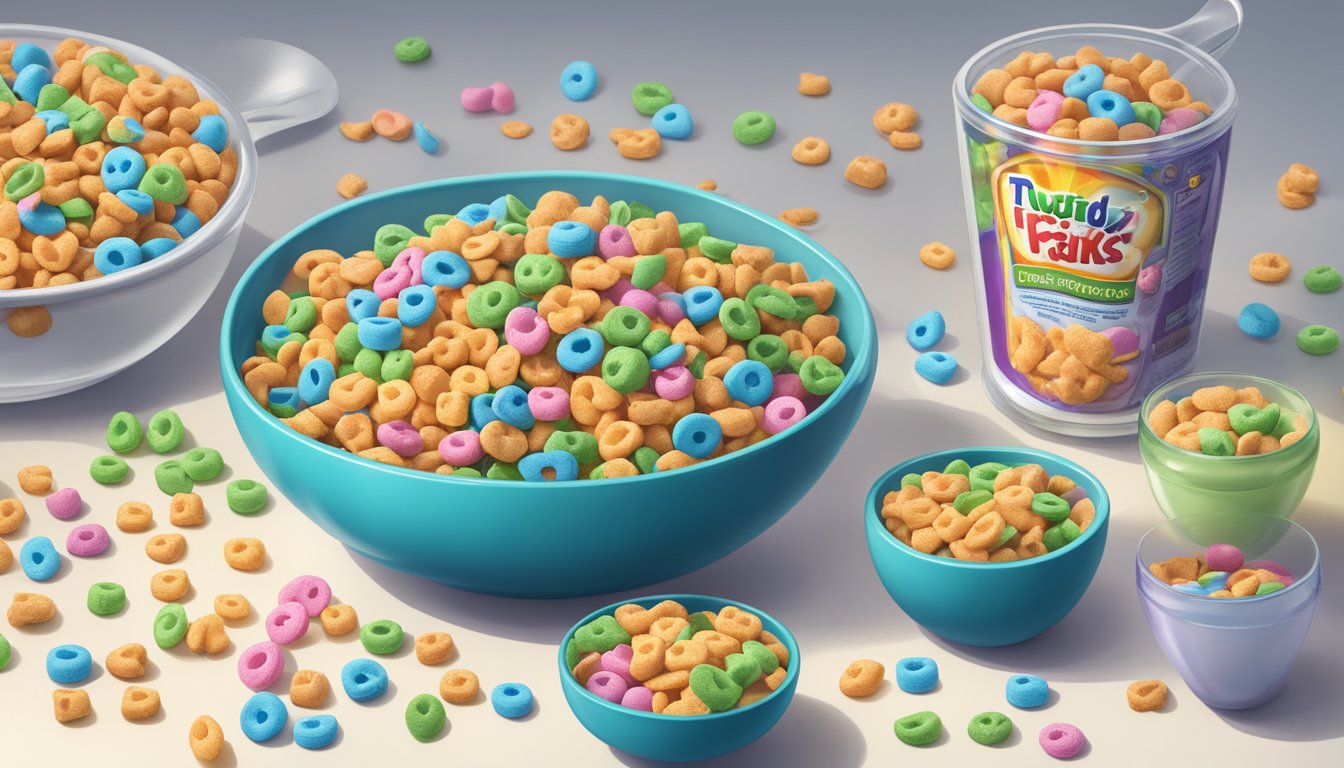 A colorful bowl of Lucky Charms and Trix cereal sit side by side, surrounded by measuring cups and nutrition labels. A researcher examines the two options with a thoughtful expression