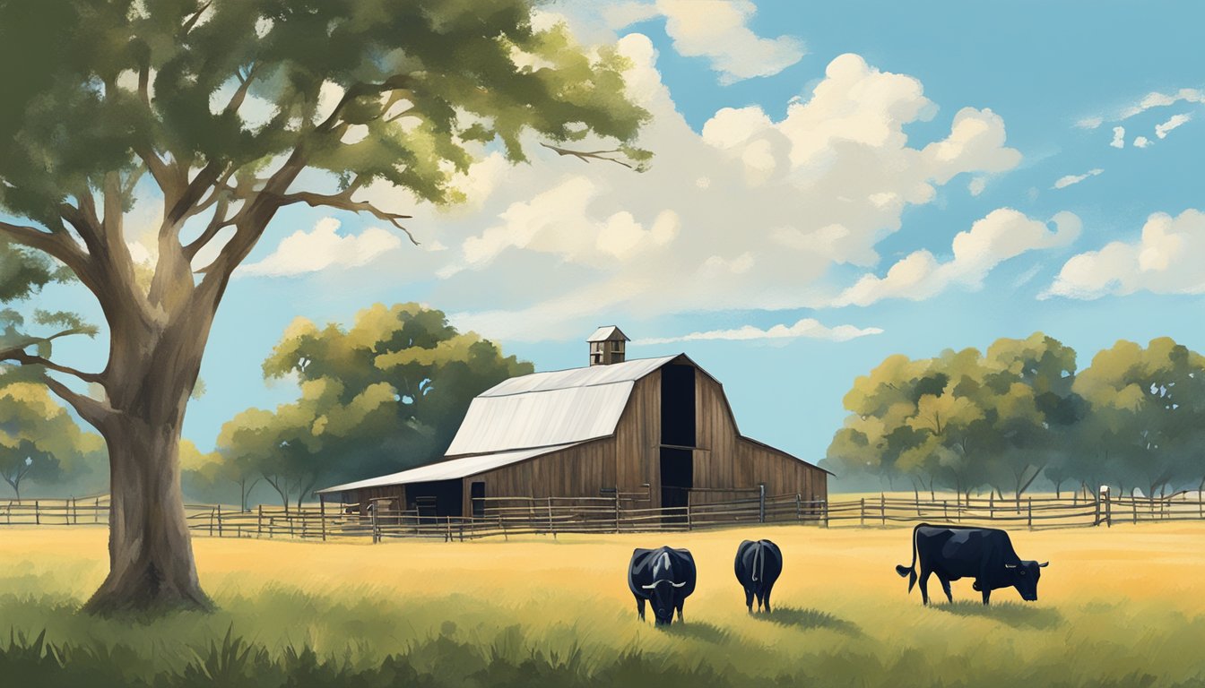 Rolling farmland with grazing cattle, a rustic barn, and a clear blue sky in Wharton County, Texas