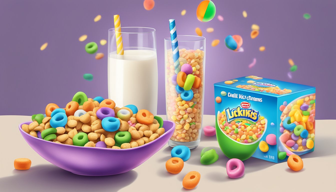 A bowl of Lucky Charms and Trix cereal next to each other, surrounded by fruits and a glass of milk