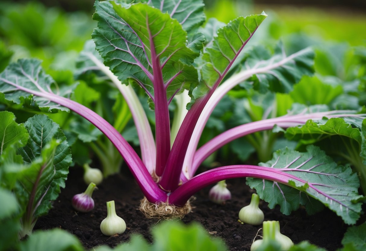 A kohlrabi plant growing in a garden, surrounded by lush green leaves and small purple or pale green bulbs