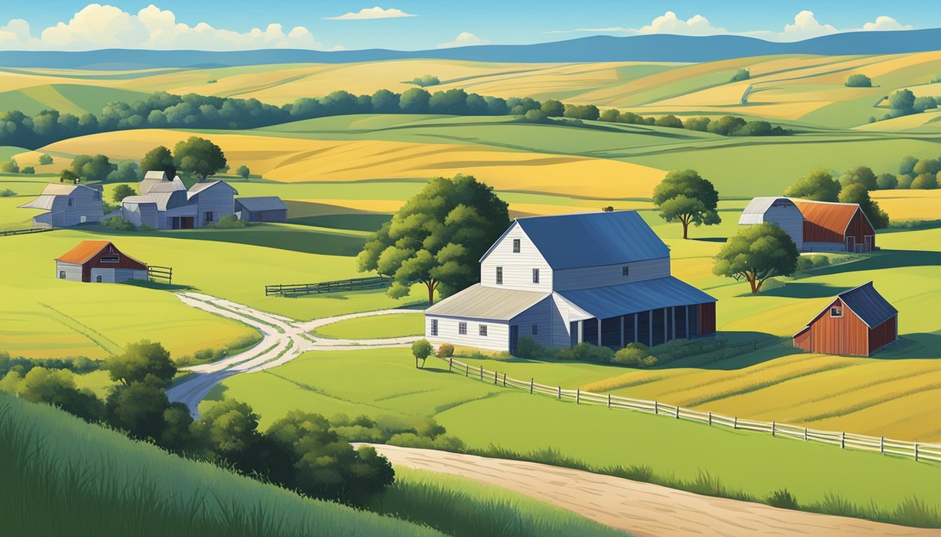 A rural Texas landscape with a farmhouse, barn, and grazing cattle, surrounded by fields and rolling hills under a clear blue sky