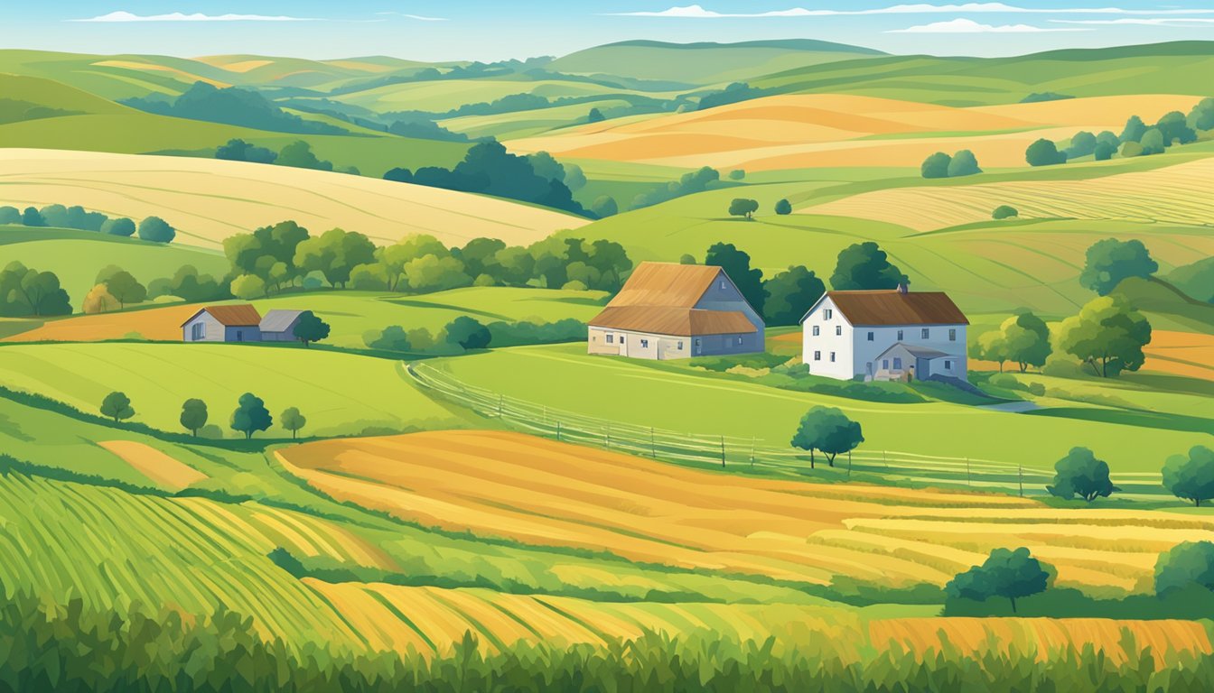 A vast field of crops and livestock, surrounded by rolling hills and a clear blue sky, with a small farmhouse in the distance