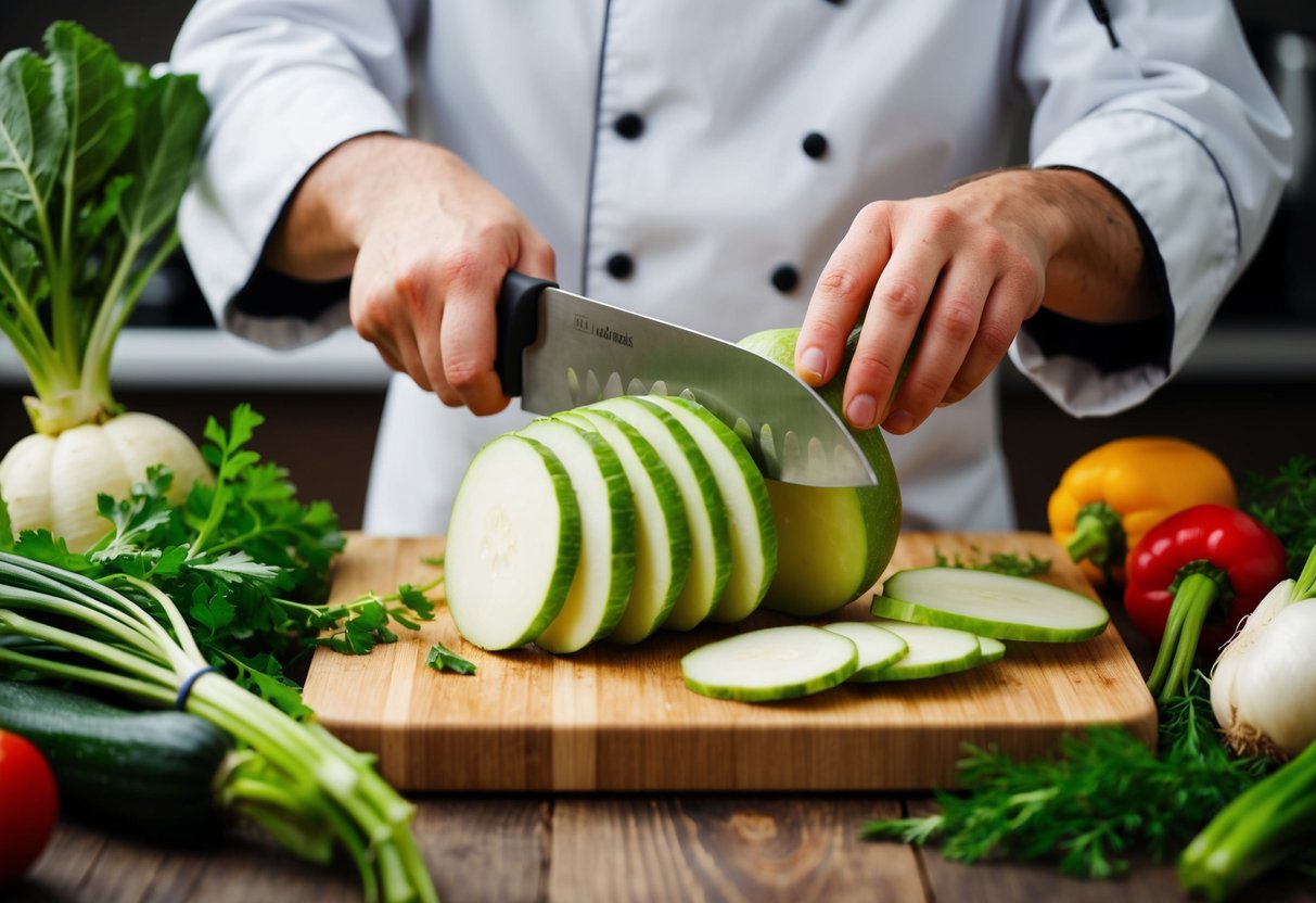 A chef slicing kohlrabi into thin, even rounds on a wooden cutting board, surrounded by various other fresh vegetables and herbs