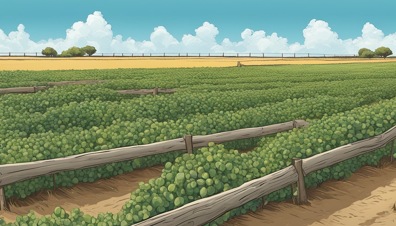 A vast field of crops stretching to the horizon, bordered by a rustic fence and under a clear blue sky in Zapata County, Texas