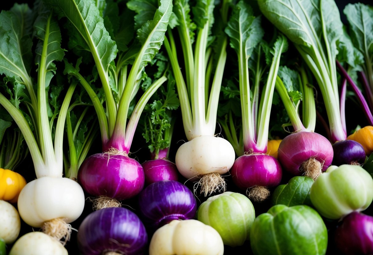 A variety of colorful kohlrabi vegetables arranged in a bountiful display, with vibrant green leaves and a mix of purple and pale green bulbs