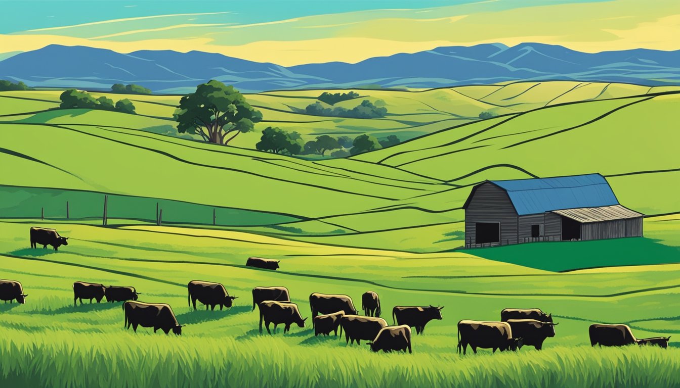 Rolling hills of green pastures with grazing cattle, a rustic barn in the distance, and a bright blue sky overhead in Zapata County, Texas