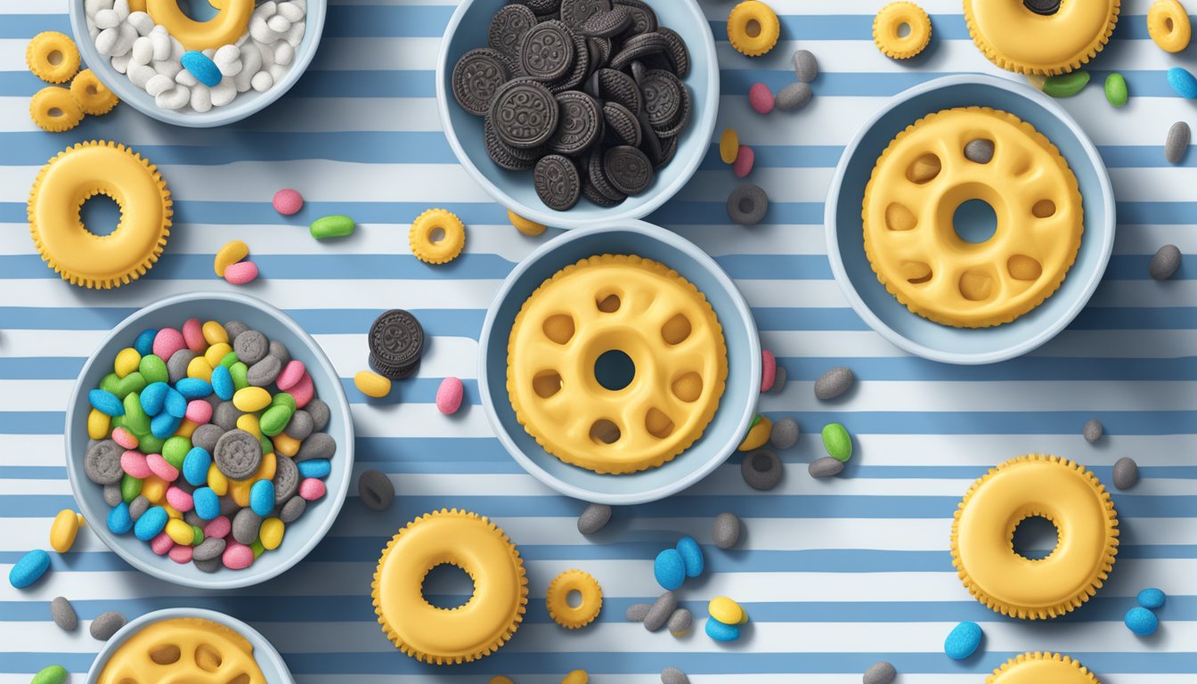 A bowl of Oreo O's and Trix cereal side by side, with a measuring tape wrapping around them, highlighting the difference in size and portion