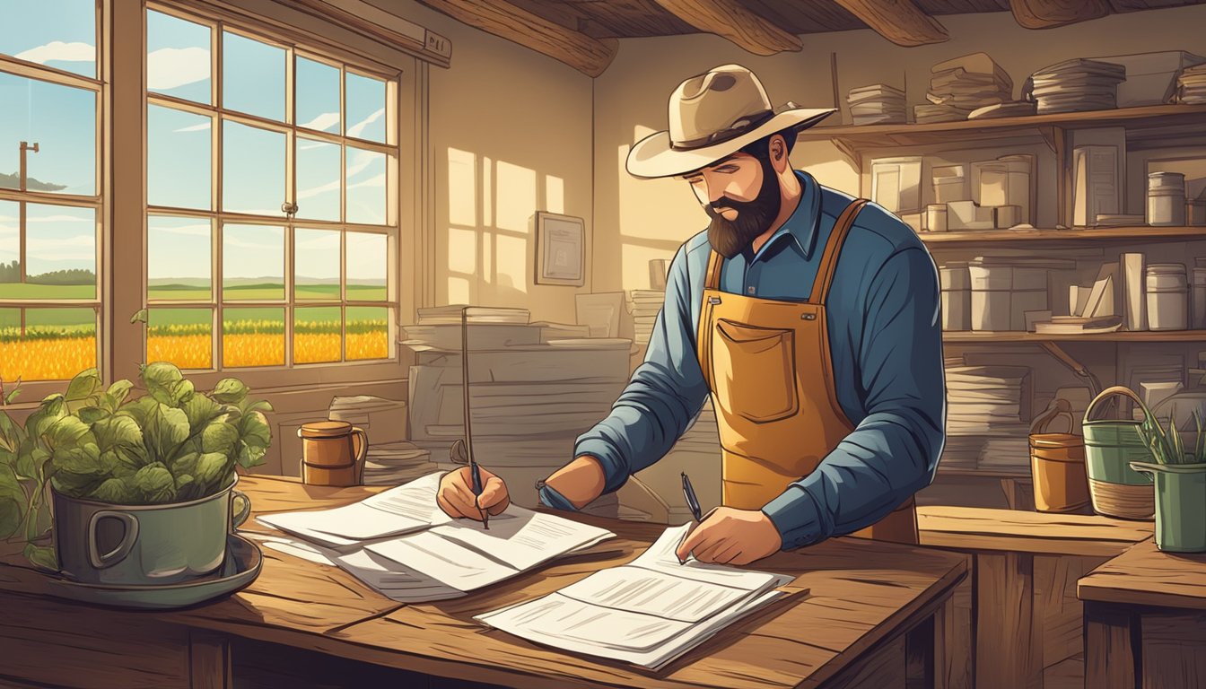 A farmer filling out paperwork in a rustic office, surrounded by agricultural equipment and paperwork