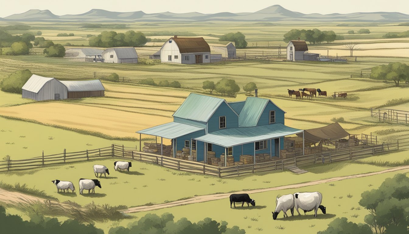 A rural landscape in Zapata County, Texas, with a farmhouse, fields, and livestock, accompanied by documentation for agricultural exemption