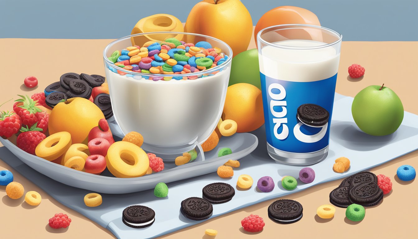 A table with a bowl of Oreo O's and a bowl of Trix cereal, surrounded by various fruits and a glass of milk